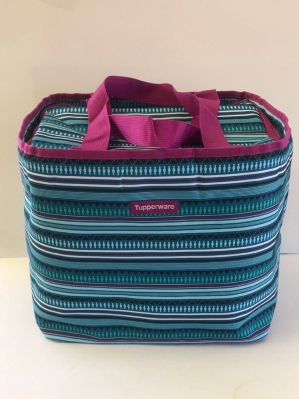 Tupperware Teal Striped Insulated Tote with Pink  Picnic Suitcase   Extra Large
